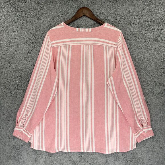 D&Co. Top Women L‎ Pink Striped Popover Yarn Woven Hi-Low Hem Linen Blend F14 - Picture 7 of 16